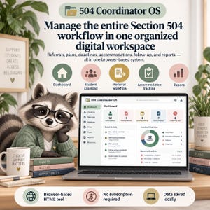 May include: A digital workspace interface titled 504 Coordinator OS displayed on a laptop screen, featuring a dashboard with student data, referral workflows, and reports. A cartoon raccoon wearing glasses sits beside the laptop on a desk.