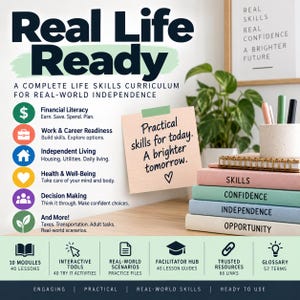 Puede incluir: Una infografía del plan de estudios de habilidades para la vida Real Life Ready con una pila de cuatro libros etiquetados como Skills, Confidence, Independence y Opportunity. El texto incluye módulos de educación financiera y vida independiente.