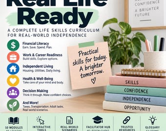 May include: A Real Life Ready life skills curriculum infographic featuring a stack of four books labeled Skills, Confidence, Independence, and Opportunity. The text includes Financial Literacy, Work Readiness, and Independent Living modules.