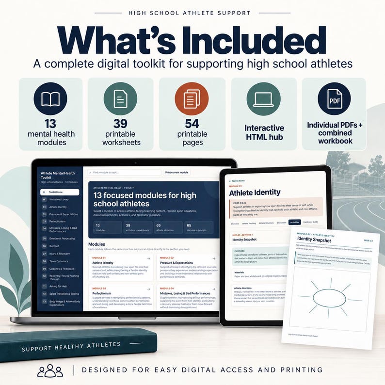 May include: A digital toolkit for high school athletes featuring a laptop and tablet displaying mental health modules, 39 printable worksheets, 54 printable pages, an interactive HTML hub, and individual PDFs. The text reads What's Included.