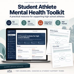 May include: A digital toolkit for high school athlete mental health featuring 13 modules, 39 printable worksheets, an interactive HTML hub, and PDF files. The display shows a laptop screen with module lists and two printed worksheets titled Identity Snapshot and Pressure Map.