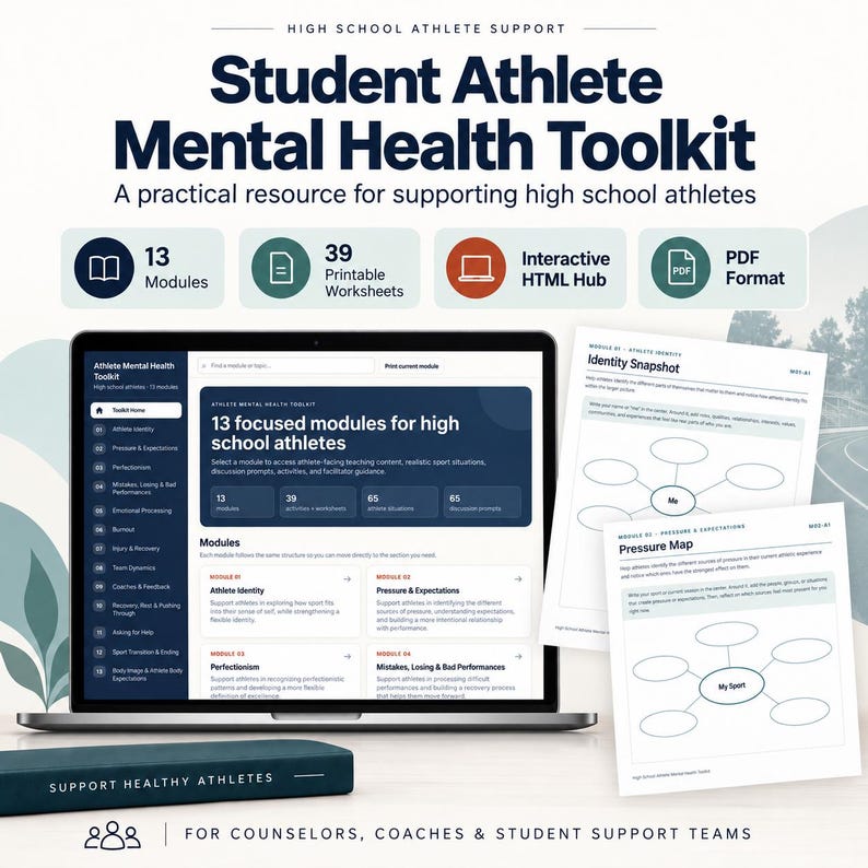 May include: A digital toolkit for high school athlete mental health featuring 13 modules, 39 printable worksheets, an interactive HTML hub, and PDF files. The display shows a laptop screen with module lists and two printed worksheets titled Identity Snapshot and Pressure Map.