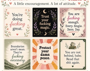 Pode incluir: Um conjunto de seis cartões de afirmação quadrados intitulados SWEARY AFFIRMATION CARDS. Cada cartão apresenta texto e ilustrações únicas, incluindo bordas florais, motivos celestiais, paisagens montanhosas e padrões de raios de sol.
