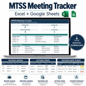 Könnte beinhalten: Eine digitale MTSS-Meeting-Tracker-Vorlage für Excel und Google Sheets auf einem Laptop-Bildschirm. Die Benutzeroberfläche enthält Bereiche für die Überprüfungswarteschlange, Entscheidungen, Aufgaben und Nachverfolgung mit Tabellen für Daten.
