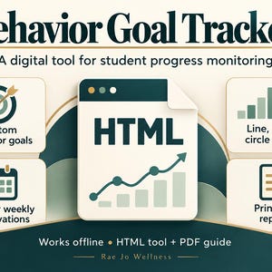 May include: Behavior Goal Tracker digital tool for student progress monitoring. Features include custom behavior goals, line, bar, and circle charts, daily or weekly observations, and printable reports. Includes HTML tool and PDF guide.