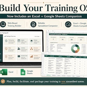Op de afbeelding: Een digitaal trainingsbesturingssysteem met een webgebaseerde builder, een Excel- en Google Sheets-companion en een dashboardinterface. Het scherm toont modules, trainingsoverzichten en spreadsheetgegevens voor het plannen, bouwen en faciliteren van trainingsprogramma's.