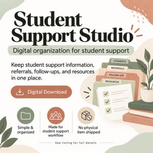 Könnte beinhalten: Eine digitale Download-Grafik mit dem Titel Student Support Studio und dem Untertitel Digital organization for student support. Sie zeigt einen Stapel beschrifteter Aktenordner, eine Checkliste, eine Topfpflanze und Symbole.