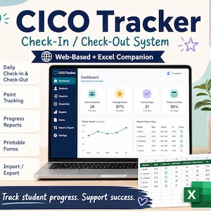 May include: A CICO Tracker Check-In / Check-Out system displayed on a laptop screen, featuring a dashboard with student metrics, point trends, and recent check-outs. An Excel companion spreadsheet is shown alongside, with icons for tracking, reports, and forms.
