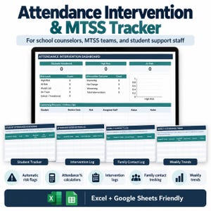 May include: An Attendance Intervention and MTSS Tracker digital dashboard for school counsellors and support staff. It includes an Attendance Intervention Dashboard, Student Tracker, Intervention Log, Family Contact Log, and Weekly Attendance Trend sheets with automatic risk flags, calculations, and logs compatible with Excel and Google Sheets.