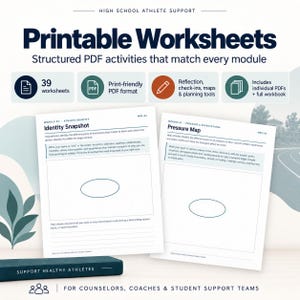 May include: A set of 39 printable PDF worksheets for high school athlete support, featuring modules titled Identity Snapshot and Pressure Map. The documents include reflection, check-ins, maps, and planning tools in a print-friendly format.
