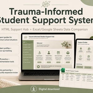May include: A digital Trauma-Informed Student Support System displayed on a laptop and tablet screen, featuring an HTML support hub and an Excel or Google Sheets data companion tracker with various student support guides and tracking tools.