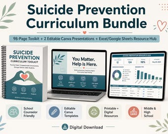May include: A suicide prevention curriculum bundle featuring a 98-page spiral-bound toolkit, a laptop displaying a presentation with the text 'You Matter. Help is Here.', and a tablet showing a resource hub dashboard with charts and data tables.