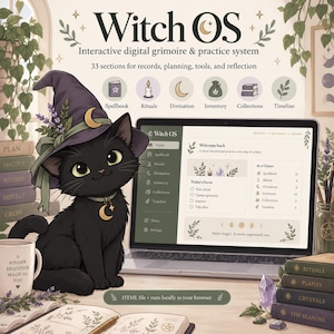 Puede incluir: Un gato negro con un sombrero de bruja morado y un dije de luna creciente está sentado junto a una computadora portátil que muestra la interfaz Witch OS. La pantalla presenta un sistema de grimorio digital con secciones para rituales.