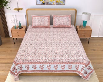 Jaipuri Hand Block Print Cotton Bedsheet Set, Indian Floral Boho Bedding (2 Pillow Covers)