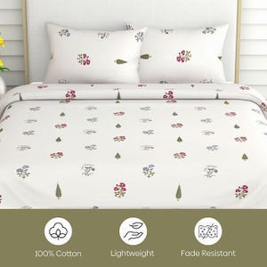 Jaipuri Block Print Cotton Bedsheet, White Floral Boho Bedding, Queen King Bed Cover