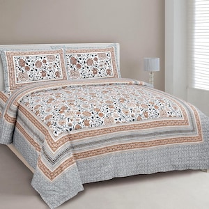 Jaipuri Cotton Bedsheet Set, Rust Brown Floral Block Print, Boho Bedroom Decor