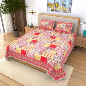 Jaipuri Block Print Cotton Bedsheet Set, Bohemian Floral Bedding, 2 Pillow Covers