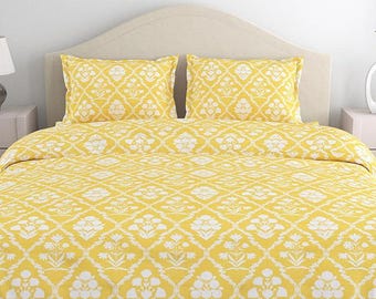 Jaipuri Floral Cotton Bedsheet Set, Mustard Yellow Botanical Print, 240 TC Farmhouse Linen