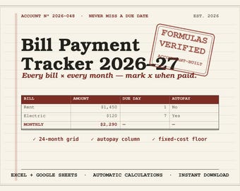 Hoja de cálculo para seguimiento de facturas 2026-2027 (Excel, Google Sheets) / Lista de verificación de pago de facturas / Organizador mensual / Lista de seguimiento de fechas de vencimiento / Lista de pagos automáticos