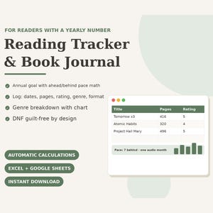 Reading Tracker Spreadsheet Excel Google Sheets | Book Tracker Reading Journal Log | Bookshelf Reading Challenge Template