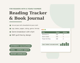 Reading Tracker Spreadsheet Excel Google Sheets | Book Tracker Reading Journal Log | Bookshelf Reading Challenge Template