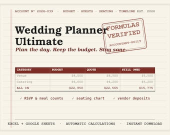 Planificador de bodas (hoja de cálculo en Excel y Google Sheets) / Presupuesto de boda, lista de invitados, plano de asientos, cronograma, seguimiento de proveedores / Paquete definitivo