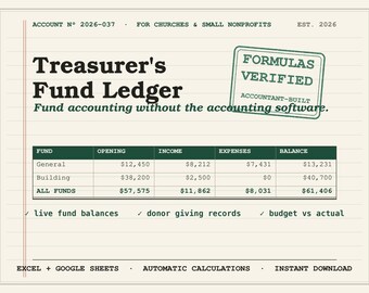 Church Treasurer Spreadsheet | Fund Accounting Excel Google Sheets | Nonprofit Bookkeeping Budget Donation Tracker Giving Records Template