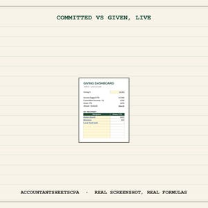 May include: A digital spreadsheet template titled COMMITTED VS GIVEN, LIVE featuring a GIVING DASHBOARD with financial data, including Giving %, Income logged YTD, Committed Income, Given YTD, and Ahead/Behind, plus a BY RECIPIENT table.