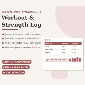 Workout Log Spreadsheet Excel Google Sheets | Gym Tracker Strength Training Fitness Planner | Weight Lifting PR Tracker Template