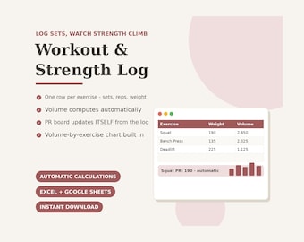Workout Log Spreadsheet Excel Google Sheets | Gym Tracker Strength Training Fitness Planner | Weight Lifting PR Tracker Template