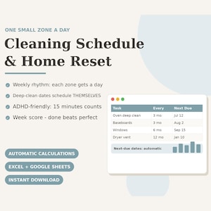 Cleaning Schedule Spreadsheet Excel Google Sheets | Cleaning Planner Checklist ADHD Friendly | Home Management Deep Clean Tracker