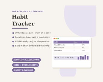 Hoja de cálculo para seguimiento de hábitos (Excel, Google Sheets) / Rutina mensual para el seguimiento de hábitos (apta para personas con TDAH) / Plantilla para el seguimiento de objetivos diarios