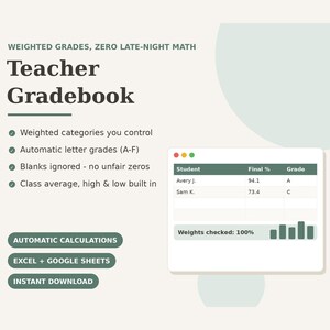 Teacher Gradebook Spreadsheet Excel Google Sheets | Weighted Grade Calculator Class Tracker | Digital Grading Template Teachers