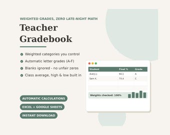 Teacher Gradebook Spreadsheet Excel Google Sheets | Weighted Grade Calculator Class Tracker | Digital Grading Template Teachers