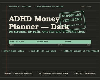 Planificador de dinero para TDAH en modo oscuro (hoja de cálculo, Excel, Google Sheets) / Plantilla de presupuesto para TDAH de baja fricción / Rastreador de facturas (función ejecutiva)