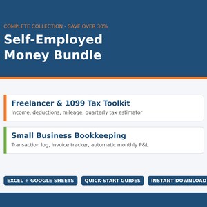 May include: A digital product bundle titled Self-Employed Money Bundle featuring a Freelancer & 1099 Tax Toolkit with income, deductions, mileage, and tax estimator tools, plus a Small Business Bookkeeping tracker for invoices and P&L.