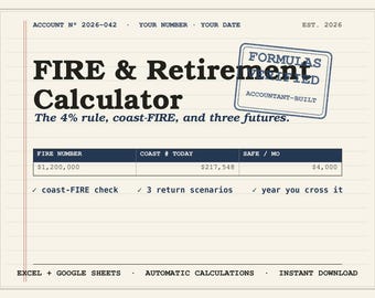Calculadora FIRE Hoja de cálculo Excel Google Sheets / Independencia financiera Jubilación anticipada Costa FIRE / Planificador de jubilación Regla del 4 por ciento