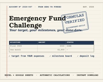 Hoja de cálculo para el seguimiento del fondo de emergencia (Excel, Google Sheets) / Seguimiento de objetivos del reto de ahorro (Hitos) / Calculadora de fondos para 3-6 meses