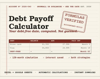Hoja de cálculo de bola de nieve para deudas (Excel, Google Sheets) / Calculadora de pago de avalancha de deudas / Planificador de ahorro de intereses para la fecha libre de deudas