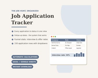 Hoja de cálculo para seguimiento de solicitudes de empleo (Excel, Google Sheets) / Organizador de búsqueda de empleo / Seguimiento de entrevistas / Plantilla para la búsqueda de empleo