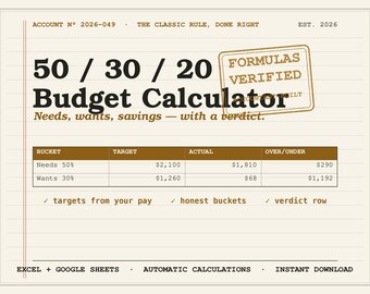 Hoja de cálculo de presupuesto 50 30 20 Excel Google Sheets / Calculadora de reglas de presupuesto Necesidades Deseos Ahorros / Plantilla de presupuesto porcentual Fácil