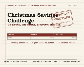Hoja de cálculo para el reto de ahorro navideño (Excel, Google Sheets) / Lista de regalos y presupuesto para las fiestas 2026 / Reto de ahorro de 26 semanas