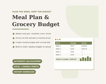 Planificador de comidas en Excel y Google Sheets / Lista de presupuesto de compras / Plantilla de menú semanal / Planificador de preparación de comidas y presupuesto para alimentos