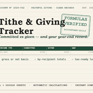 May include: A digital Tithe & Giving Tracker spreadsheet template on a lined paper background. It features columns for Income YTD, Committed, Given, and Gap, with a green stamp reading Formulas Verified Accountant-Built and text for Excel + Google Sheets.