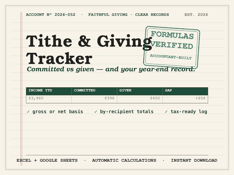 May include: A digital Tithe & Giving Tracker spreadsheet template on a lined paper background. It features columns for Income YTD, Committed, Given, and Gap, with a green stamp reading Formulas Verified Accountant-Built and text for Excel + Google Sheets.