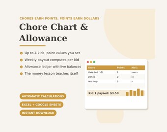 Tabla de tareas domésticas en Excel y Google Sheets / Tabla de responsabilidades para el seguimiento de la paga de los niños / Plantilla de recompensas por tareas familiares
