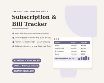 Hoja de cálculo para seguimiento de suscripciones (Excel, Google Sheets) / Plantilla para seguimiento de facturas y gastos mensuales / Organizador de presupuesto y auditoría financiera