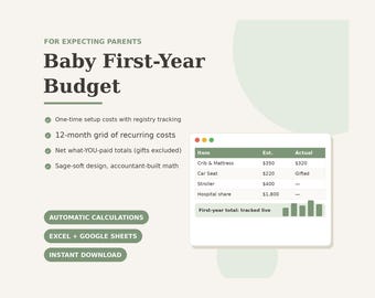Hoja de cálculo de presupuesto para bebés (Excel, Google Sheets) / Rastreador de gastos del primer año del bebé / Planificador para padres primerizos / Plantilla de registro de gastos para la habitación del bebé