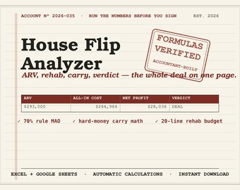 Hoja de cálculo para compraventa de viviendas / Analizador de operaciones inmobiliarias (Excel, Google Sheets) / Calculadora de la regla del 70 % del valor después de la renovación / Plantilla para inversores inmobiliarios