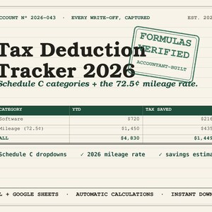 以下が含まれることがあります： Tax Deduction Tracker 2026のデジタルスプレッドシートテンプレート。カテゴリー、YTD、税金節約額の列がある表が含まれています。Schedule Cカテゴリー、72.5セントのマイレージレート、Formulas Verifiedのスタンプのテキストが記載されています。